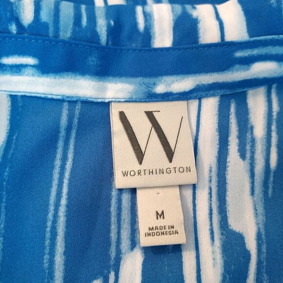 Worthington Shirt Top Flowy Womens Size Medium Button Up Blue White Long Sleeves - Picture 7 of 13